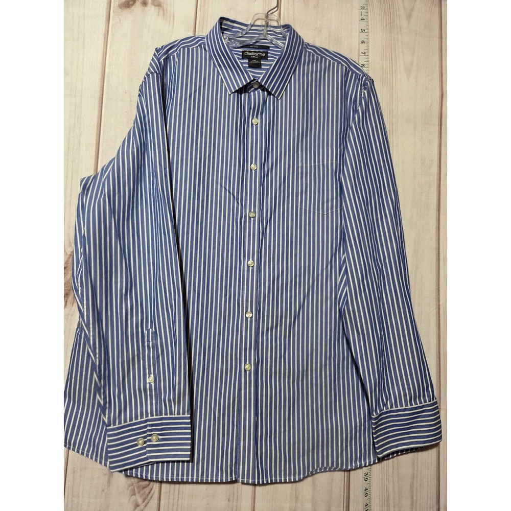 Claiborne Mens XXL Slim Blue White Stripe Buttonโ Down Shirt 80S 2 Ply Cotton